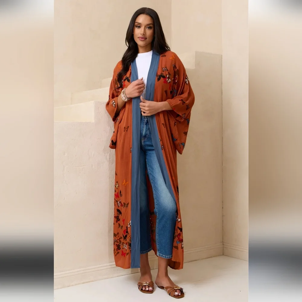 SAACHI BUTTERFLY LONGLINE  DUSTER IN RUST BROWN /ONE SIZE